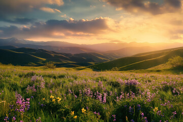 Last rays of the sun illuminate a valley brimming with wildflowers, creating a picturesque landscape of light and color.