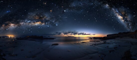 Gaze at the breathtaking sight of the galaxy and twinkling stars from the serene beach shoreline