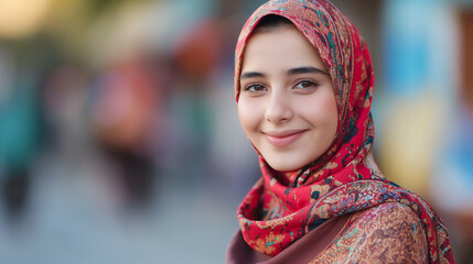 A young woman wearing a red and white head scarf is smiling at the camera.

