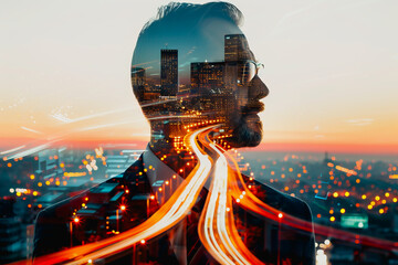 Double exposure businessman and city, Business ideas, and planning goals aim for success