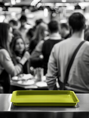 A green tray sits on a table in a crowded restaurant