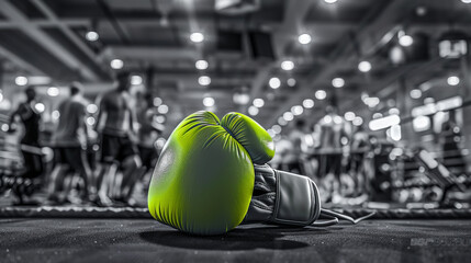 A green boxing glove is on the ground in a gym