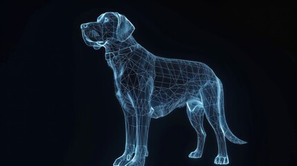 Futuristic dog. Cute funny dog form lines and triangles on blue background. Polygonal wireframe puppy on blue AI generated