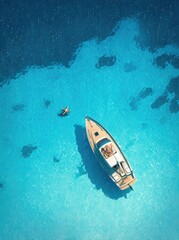 A white yacht floating on the deep blue sea, seen from above, with people sitting in it and relaxing.