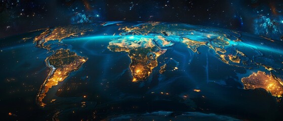 A beautiful and detailed image of Earth at night from space, showing the lights of cities and towns.