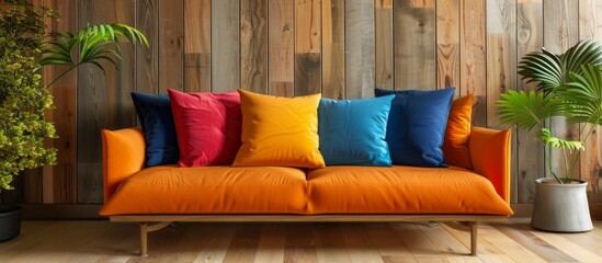 Vibrant close-up view of a cozy couch adorned with an array of colorful pillows in a well-furnished living space