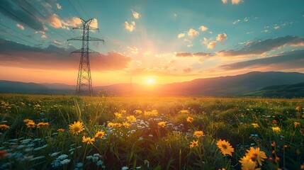 Sunset Surge: The Cost of Cleaner Power. Concept Sustainable energy, solar power, community engagement, environmental impact, affordability - obrazy, fototapety, plakaty