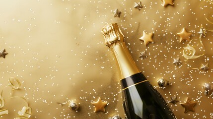 A bottle of champagne with gold stars and glitter on a gold background.