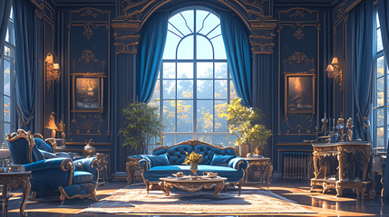 Interior design, living room, European Style, Noble and elegant, Classicism, Hearth, Arch, Big window, Luxury feel, highly detailed - obrazy, fototapety, plakaty