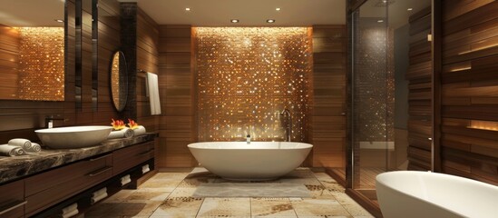 Elegant bathroom featuring a grand tub, separate shower, and stylish sink