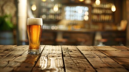A close up of a glass of beer on a wooden table in a bar or pub - obrazy, fototapety, plakaty