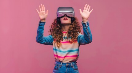 Animated young asian woman with vr headset raises hand, engaging with virtual reality or metaverse for 3d interaction