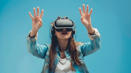 Excited young asian woman wearing vr headset lifts hand, experiencing virtual reality or metaverse for 3d engagement