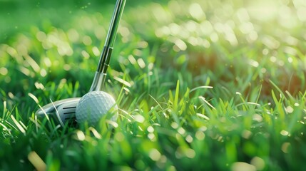 A close up of a golf ball sitting on the grass next to a golf club. - obrazy, fototapety, plakaty