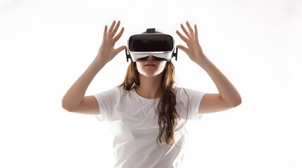 Fervent young asian woman wearing vr headset eagerly raises hand, immersing in virtual reality or metaverse for 3d exploration