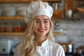 Blonde woman wearing chef uniform in luxury hotel restaurant kitchen