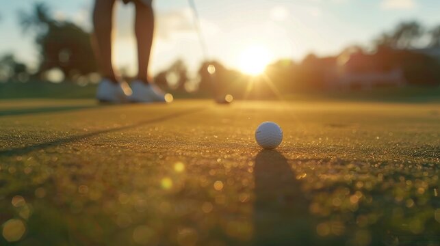 A close up of a golf ball on the green with the sun setting in the background.
