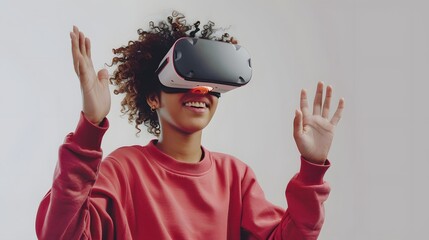 Keen young asian woman with vr headset raises hand excitedly, navigating virtual reality or metaverse for 3d interaction