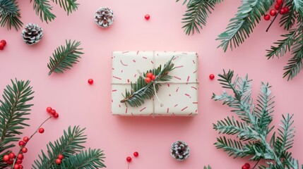 A close-up top view of a Christmas gift wrapped in elegant paper, surrounded by fir branches and cones, vibrant berries on a pastel pink background, studio lighting
