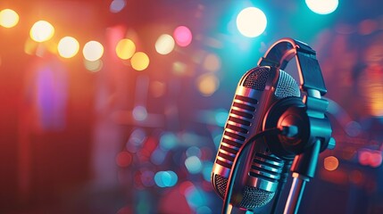 A close up of a retro silver microphone with headphones on a stage with colorful blurred lights in the background.