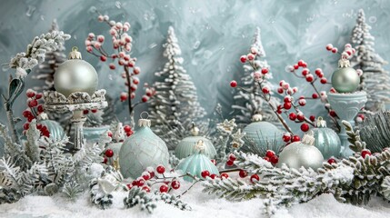 Fototapeta na wymiar A detailed Christmas scene featuring a luxury pastel-colored setting with mint-colored trinkets and red berries on snow-covered fir branches, studio lighting
