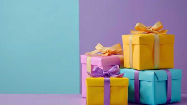 Vibrant congratulatory setting with gifts wrapped in deep yellow and cyan, on a soft purple pastel background, ideal for festive promotions, studio lighting