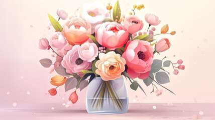 Vase of mixed flowers digital illustration with soft bokeh effect. Elegant floral design suitable for spring season greeting cards, interior decor, and wedding invitations with copy space.