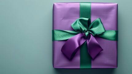 Artistic top view close-up of a Christmas gift, using metallic purple wrapping with an emerald green ribbon, isolated on a pastel grey background, studio lighting