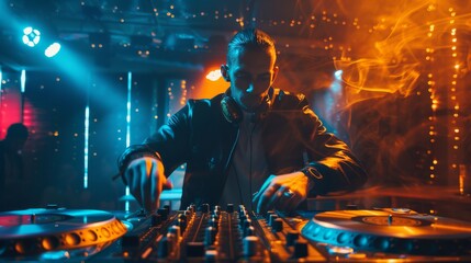 A cool DJ in a club spins records and creates a great atmosphere for the party people.