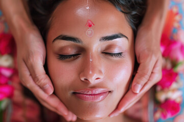 Indian woman enjoying massage at spa salon hotel, therapist treatment