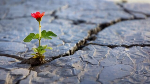A magnified view of a wildflower growing in the cracks of a sidewalk in the bustling city streets.