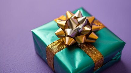 Festive close-up from above of a Christmas gift, vibrant green wrapping paper and a golden bow, isolated on a lavender background, studio lighting