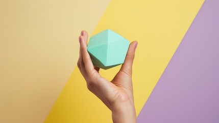 Hand delicately holding a mint-colored geometric shape, minimalist aesthetic, deep yellow and purple accents on a pastel background, studio lighting, raw style