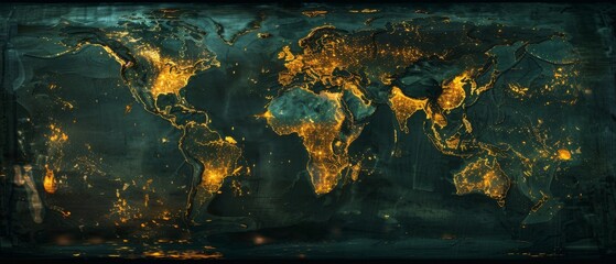 A dark world map with glowing city lights.