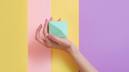 Hand delicately holding a mint-colored geometric shape, minimalist aesthetic, deep yellow and purple accents on a pastel background, studio lighting, raw style