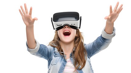 Excited young asian woman donning vr headset enthusiastically raises hand, engaging with virtual reality or metaverse for 3d discovery