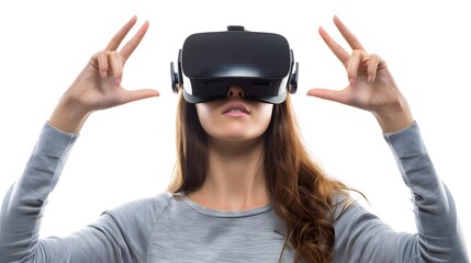 Enthusiastic young asian woman with vr headset lifts hand with anticipation, delving into virtual reality or metaverse for 3d exploration