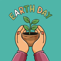 earth day flat art cartoon vector illustration both hands holding a plant. world earth day illustration concept