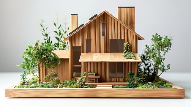 An eco friendly wooden house model with a clean backdrop with plants and fables with a big space for text or advertisement backdrop, Generative AI.