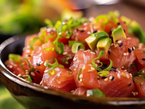 Poke Bowl Ahi Tuna Salmon Scallop Hawaiian Hawaii Rice Food Dinner Background Image