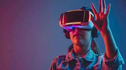 Visualization of a young woman wearing vr headset executing finger gestures for touching, zooming and swiping. women explore virtual reality or metaverse innovation for 3d simulation