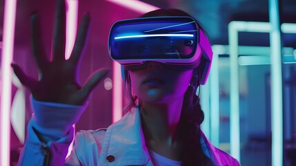 Illustration of a young woman with vr headset performing finger gestures for touching, zooming and swiping. women embrace virtual reality or metaverse innovation for 3d simulation