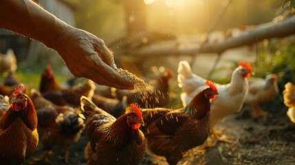 A farmer is feeding chickens in the morning light. - obrazy, fototapety, plakaty