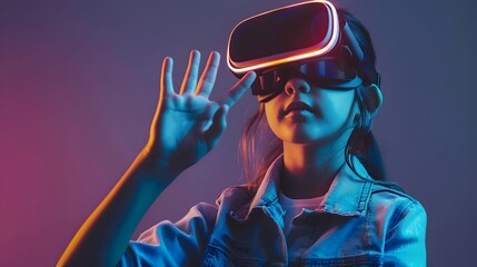 Picture of a young woman in vr headset making finger gestures for touching, zooming and swiping. women employ virtual reality or metaverse innovation for 3d simulation