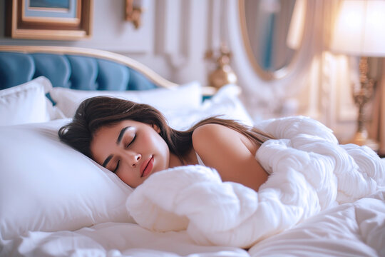 Pakistani woman sleeping peacefully in the bedroom of a luxury hotel - Powered by Adobe