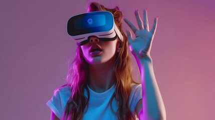 Visualization of a young woman with vr headset gesturing with fingers for touching, zooming and swiping. women explore virtual reality or metaverse innovation for 3d simulation