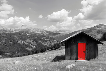 A red door sits in front of a small wooden cabin in the middle of a grassy field
