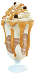 Vector illustration of a caramel-topped ice cream sundae