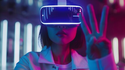 Picture of a young woman in vr headset engaging in finger gestures for touching, zooming and swiping. women employ virtual reality or metaverse innovation for 3d simulation