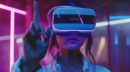 Portrayal of a young woman donning vr headset performing finger gestures for touching, zooming and swiping. women utilize virtual reality or metaverse innovation for 3d simulation